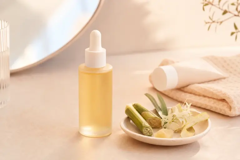 Chai serum AHA không nhãn cạnh sản phẩm chống nắng trên bàn trang điểm