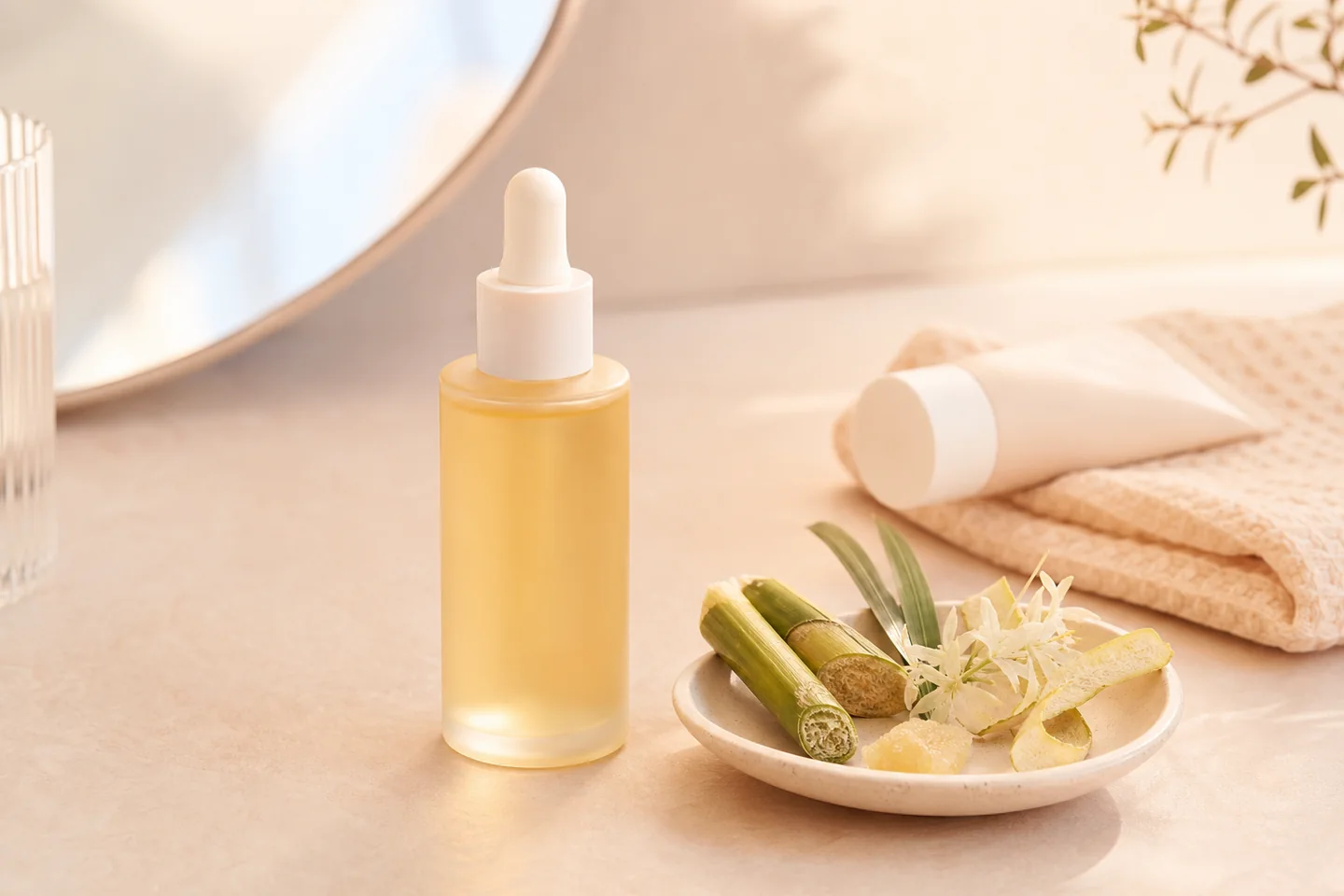 Chai serum AHA không nhãn cạnh sản phẩm chống nắng trên bàn trang điểm