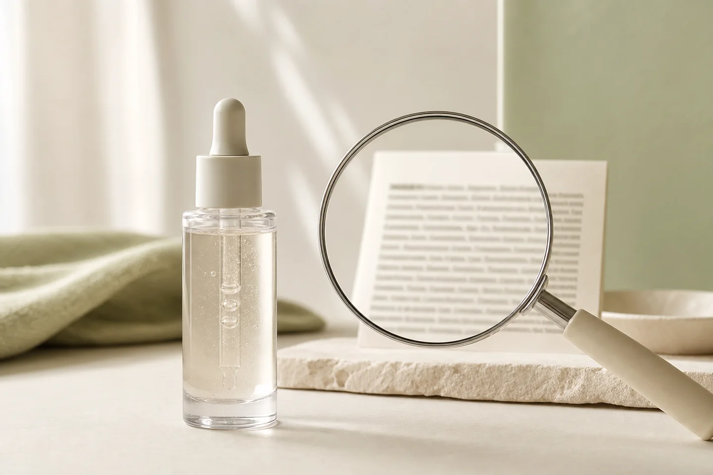 Chai serum không nhãn cạnh kính lúp và bảng thành phần mỹ phẩm
