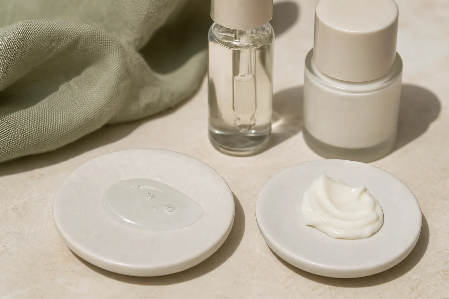 Hai kết cấu serum và kem dưỡng đặt cạnh chai mỹ phẩm không nhãn