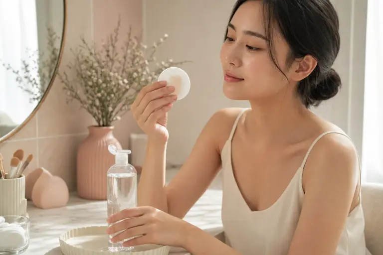 Người phụ nữ cầm bông tẩy trang cạnh chai nước làm sạch không nhãn