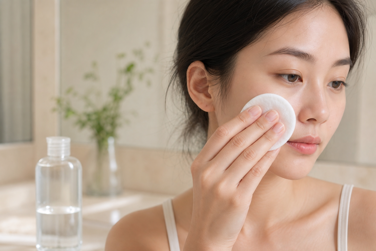 Người phụ nữ áp nhẹ bông tẩy trang lên má