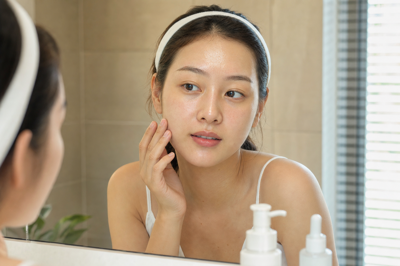 Người phụ nữ quan sát vùng trán, mũi và má trong gương