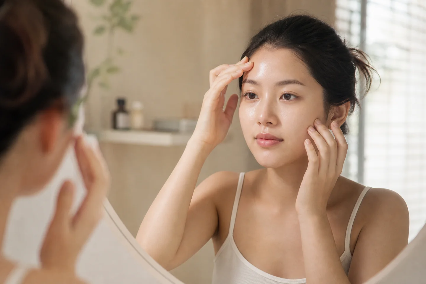 Người phụ nữ quan sát vùng trán và hai má trong gương