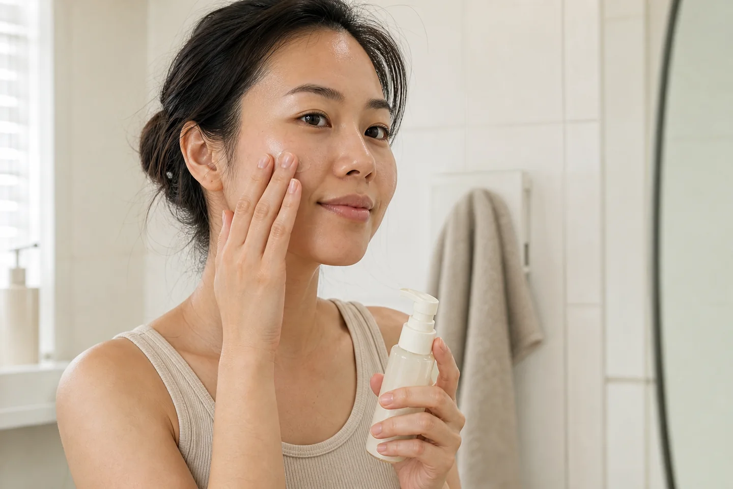 Người phụ nữ thoa kem dưỡng mỏng lên má