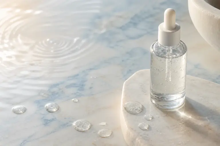 Chai serum trong suốt và các giọt gel dưỡng ẩm trên nền xanh nhạt