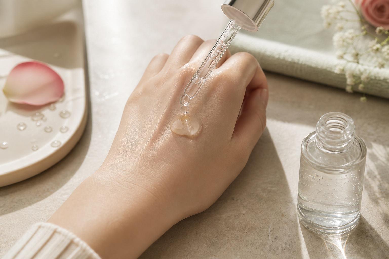 Thoa serum dưỡng ẩm chứa Hyaluronic Acid lên da tay