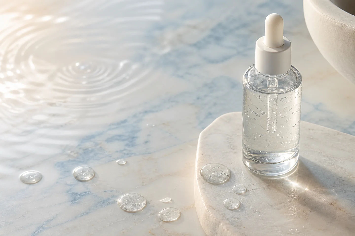 Chai serum trong suốt và các giọt gel dưỡng ẩm trên nền xanh nhạt