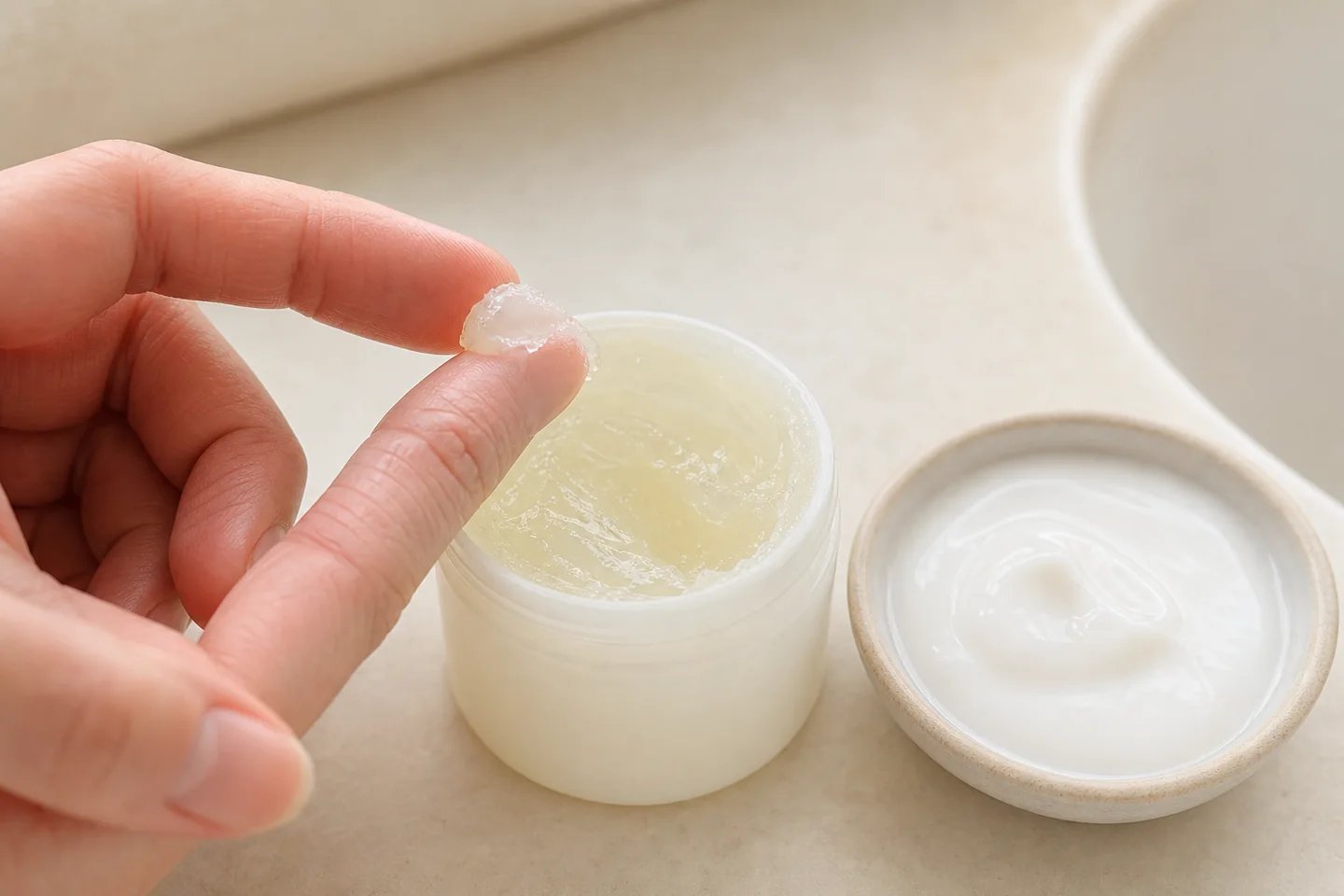 Đầu ngón tay lấy một lượng nhỏ petroleum jelly từ hũ không nhãn