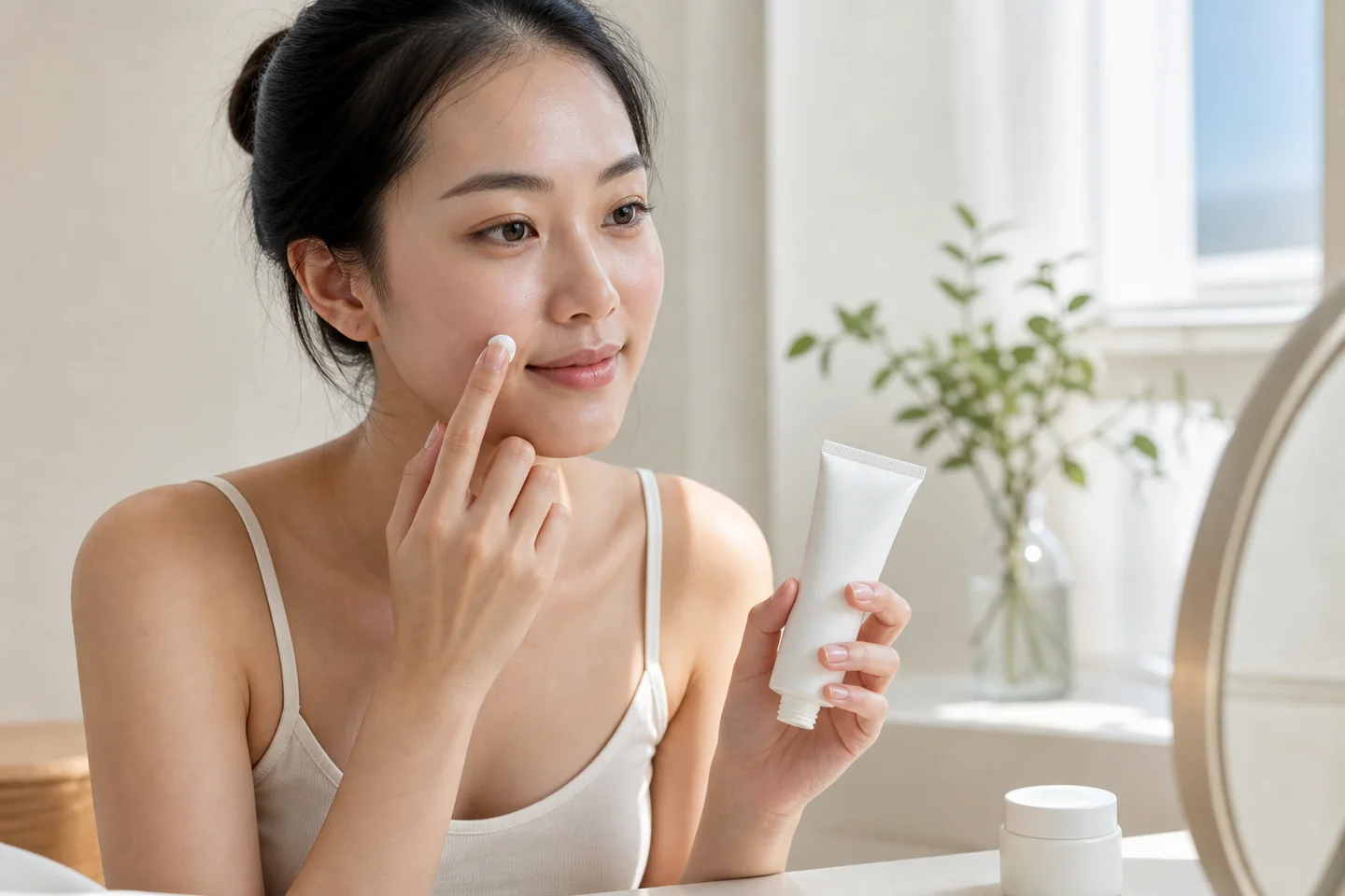 Người phụ nữ thoa kem chống nắng sau bước dưỡng ẩm