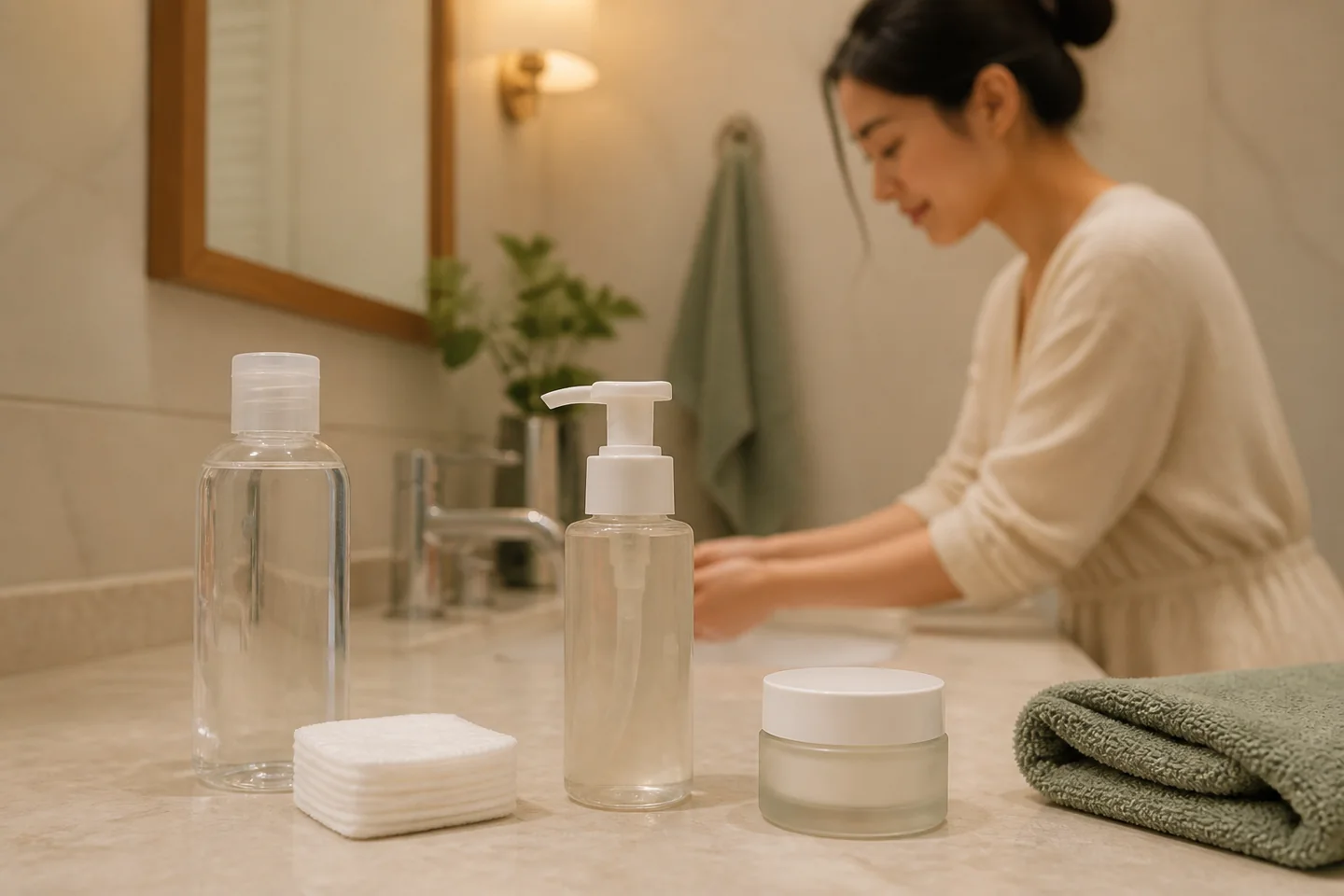 Nước tẩy trang, sữa rửa mặt và kem dưỡng trên bàn phòng tắm
