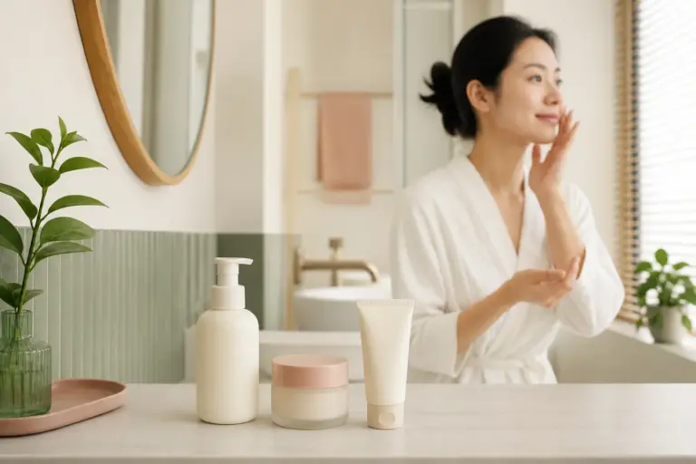 Ba sản phẩm làm sạch, dưỡng ẩm và chống nắng trên bàn trang điểm