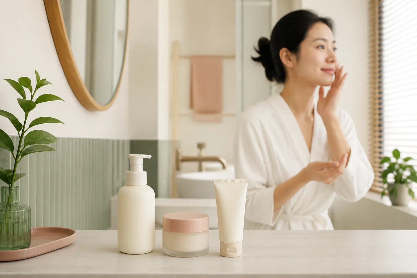 Ba sản phẩm làm sạch, dưỡng ẩm và chống nắng trên bàn trang điểm