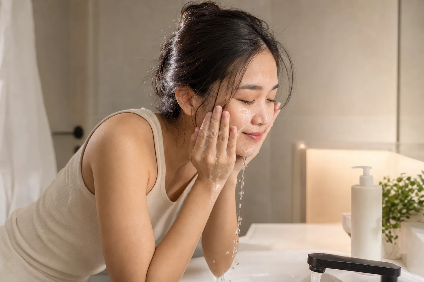 Người phụ nữ dùng hai tay rửa mặt nhẹ nhàng bên bồn rửa
